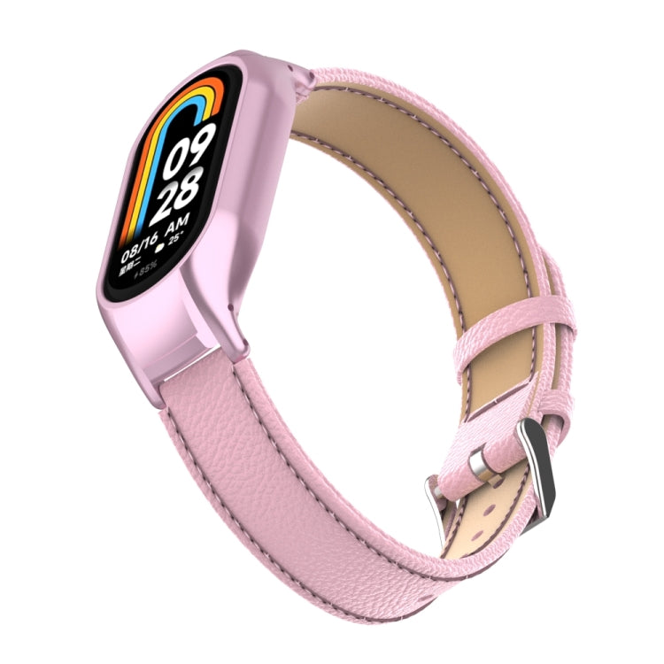 For Xiaomi Mi Band 8 Integrated Metal Case + Litchi Texture Leather Watch Band