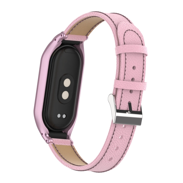 For Xiaomi Mi Band 8 Integrated Metal Case + Litchi Texture Leather Watch Band