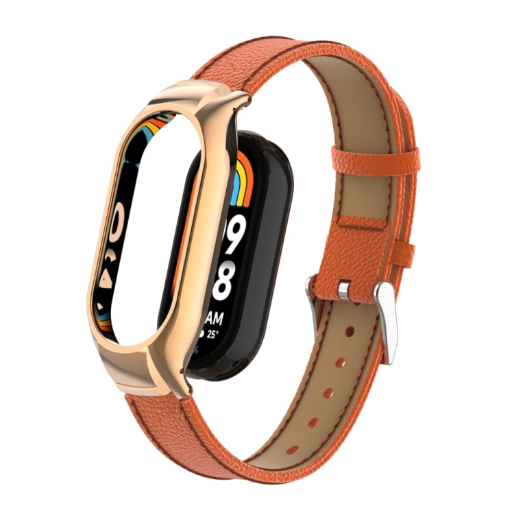 For Xiaomi Mi Band 8 Integrated Metal Case + Litchi Texture Leather Watch Band