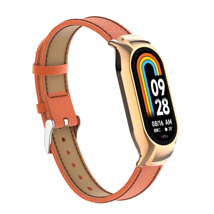 For Xiaomi Mi Band 8 Integrated Metal Case + Litchi Texture Leather Watch Band