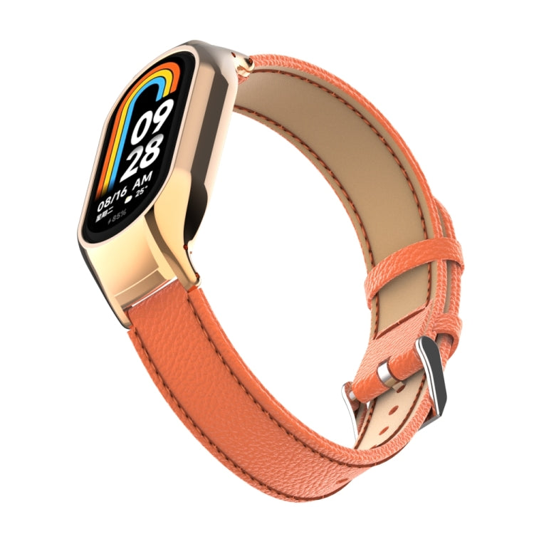 For Xiaomi Mi Band 8 Integrated Metal Case + Litchi Texture Leather Watch Band