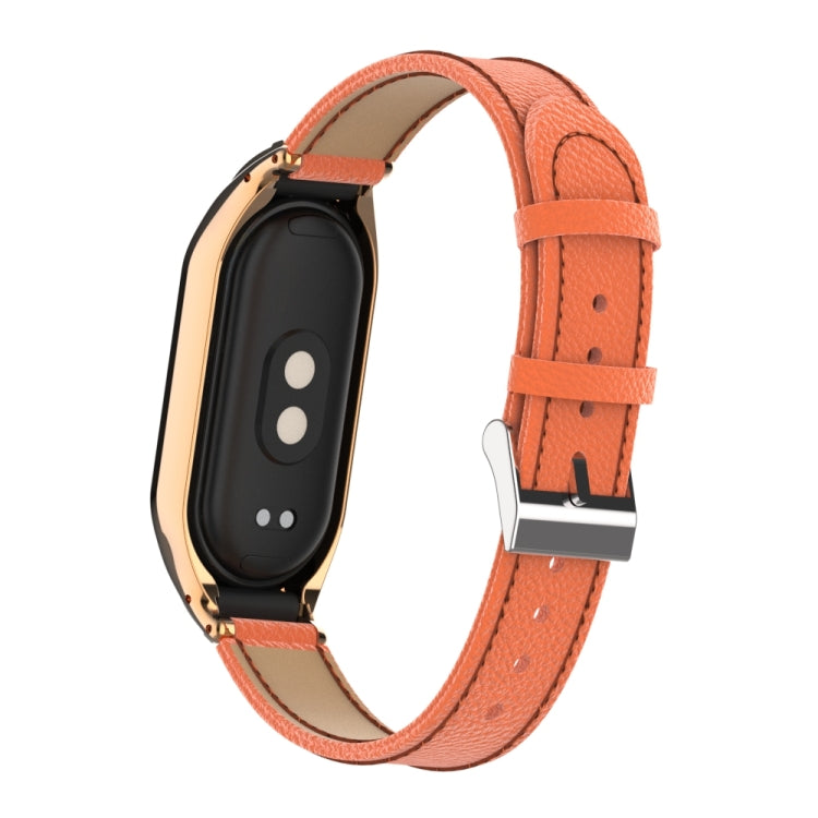 For Xiaomi Mi Band 8 Integrated Metal Case + Litchi Texture Leather Watch Band