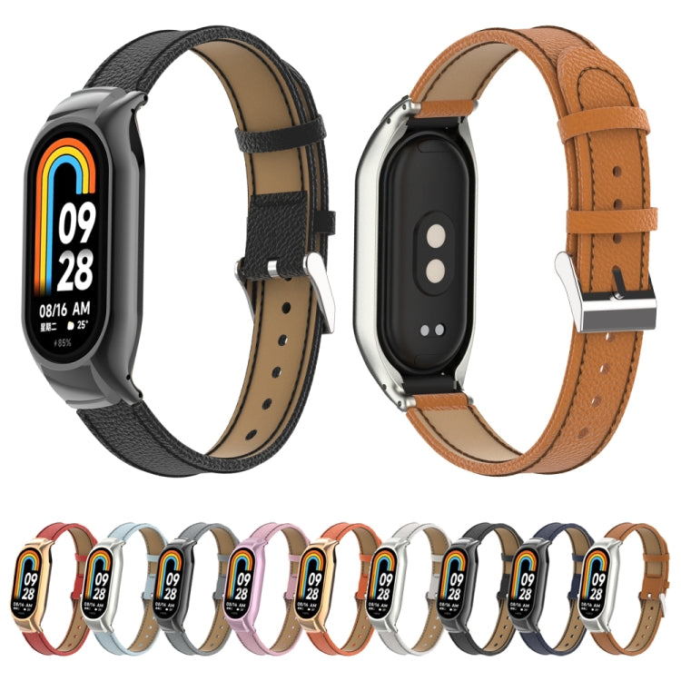 For Xiaomi Mi Band 8 Integrated Metal Case + Litchi Texture Leather Watch Band