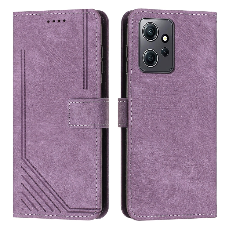 For Xiaomi Redmi Note 12 4G Skin Feel Stripe Pattern Leather Phone Case with Lanyard