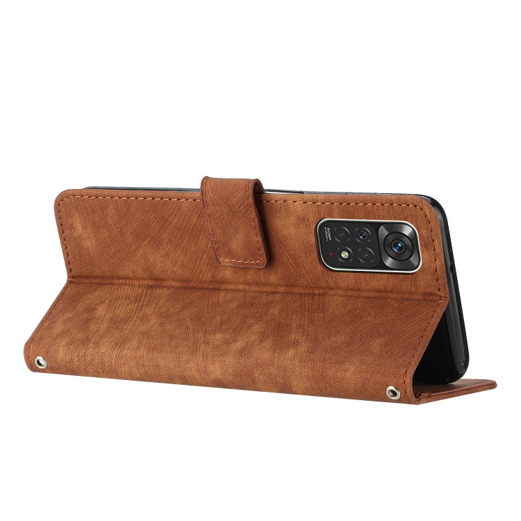 For Xiaomi Redmi Note 11 / Note 11s Global Skin Feel Stripe Pattern Leather Phone Case with Lanyard