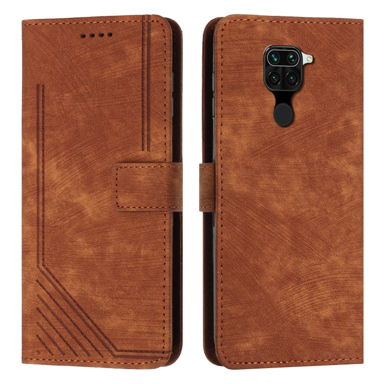 For Xiaomi Redmi Note 9 Skin Feel Stripe Pattern Leather Phone Case with Lanyard