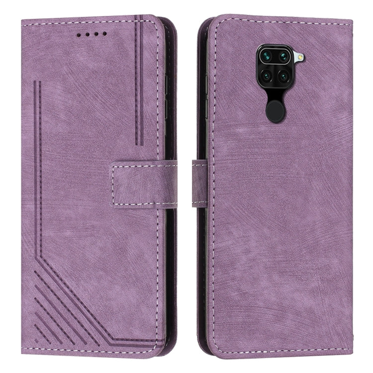 For Xiaomi Redmi Note 9 Skin Feel Stripe Pattern Leather Phone Case with Lanyard