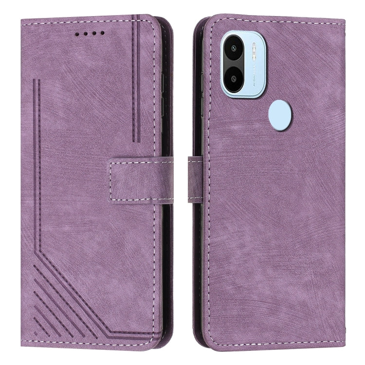 For Xiaomi Redmi A1+ Skin Feel Stripe Pattern Leather Phone Case with Lanyard