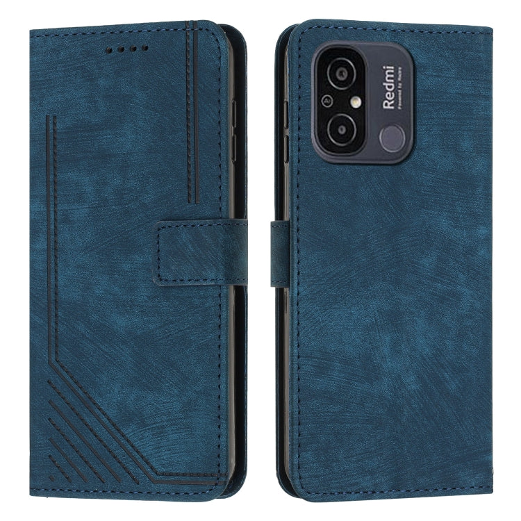 For Xiaomi Redmi 11A 4G Global Skin Feel Stripe Pattern Leather Phone Case with Lanyard