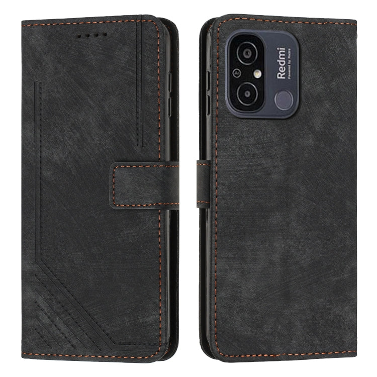 For Xiaomi Redmi 11A 4G Global Skin Feel Stripe Pattern Leather Phone Case with Lanyard