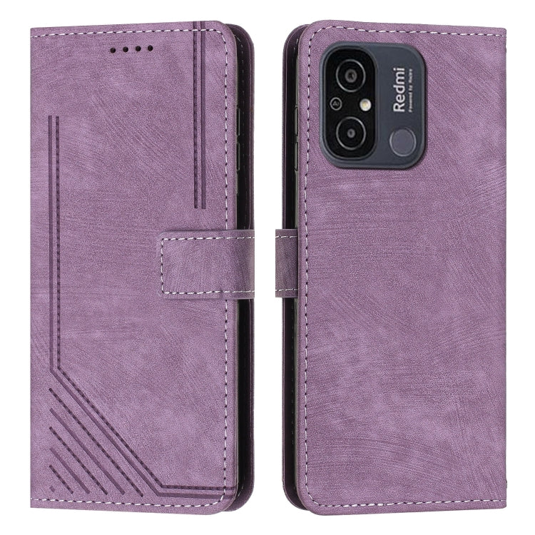 For Xiaomi Redmi 11A 4G Global Skin Feel Stripe Pattern Leather Phone Case with Lanyard