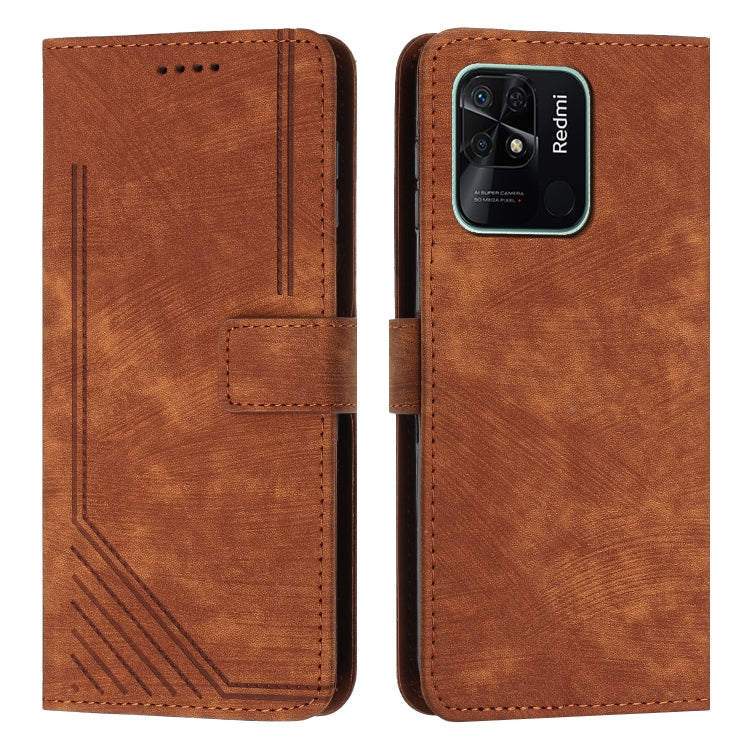 For Xiaomi Redmi 10C 4G Global / Redmi 10 India Skin Feel Stripe Pattern Leather Phone Case with Lanyard