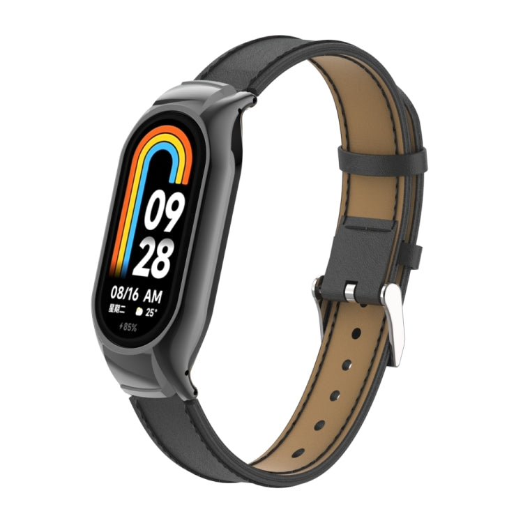 For Xiaomi Mi Band 8 Integrated Metal Case + Microfiber Sewing Leather Watch Band