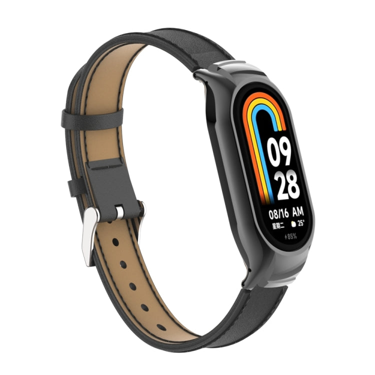 For Xiaomi Mi Band 8 Integrated Metal Case + Microfiber Sewing Leather Watch Band