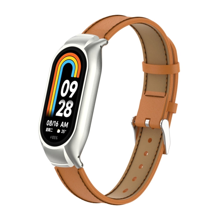 For Xiaomi Mi Band 8 Integrated Metal Case + Microfiber Sewing Leather Watch Band