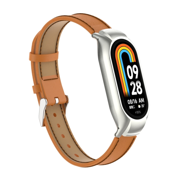 For Xiaomi Mi Band 8 Integrated Metal Case + Microfiber Sewing Leather Watch Band