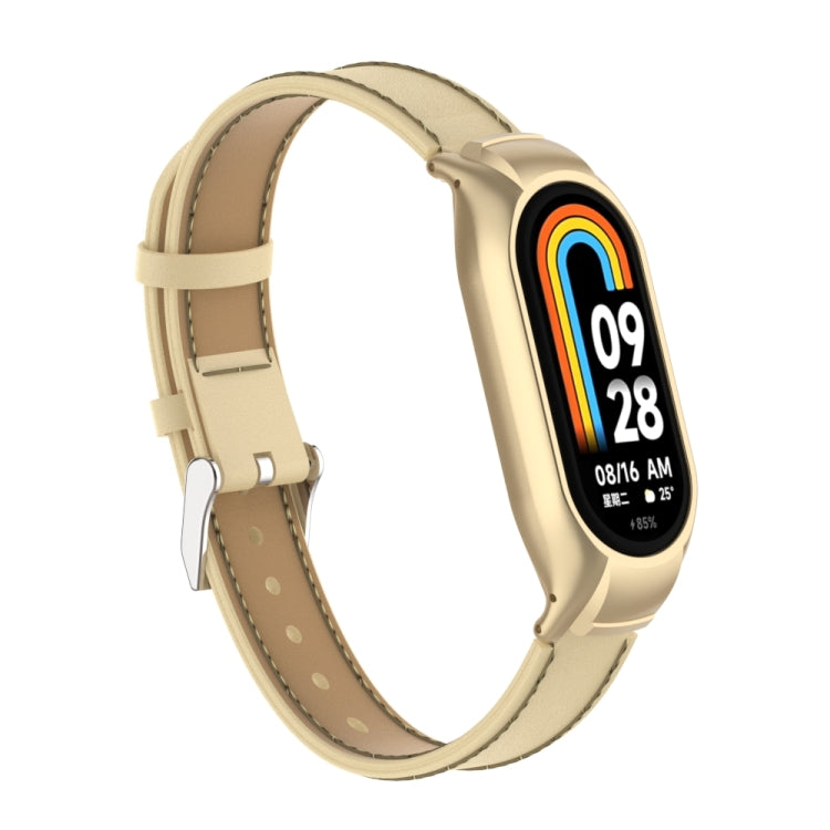 For Xiaomi Mi Band 8 Integrated Metal Case + Microfiber Sewing Leather Watch Band