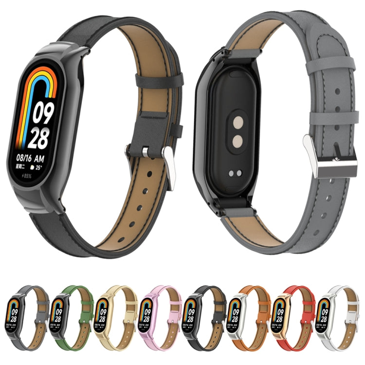 For Xiaomi Mi Band 8 Integrated Metal Case + Microfiber Sewing Leather Watch Band