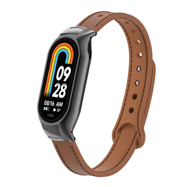 For Xiaomi Mi Band 8 Integrated Metal Case + Double Nail Microfiber Leather Watch Band