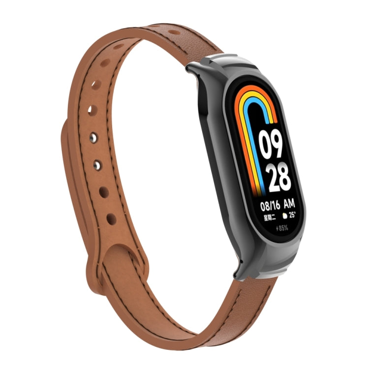 For Xiaomi Mi Band 8 Integrated Metal Case + Double Nail Microfiber Leather Watch Band