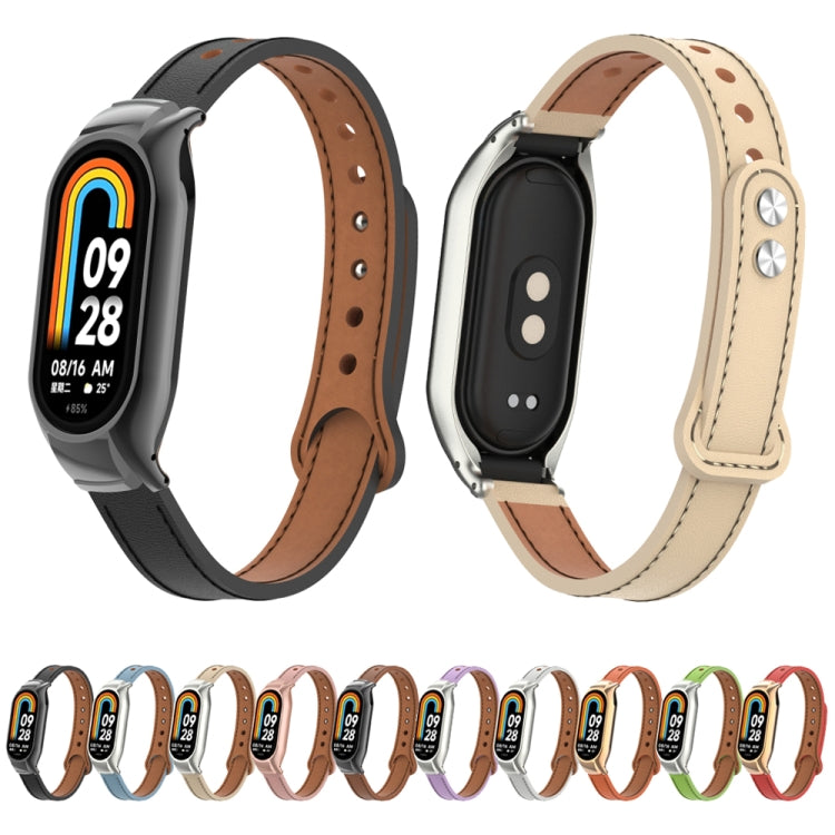 For Xiaomi Mi Band 8 Integrated Metal Case + Double Nail Microfiber Leather Watch Band