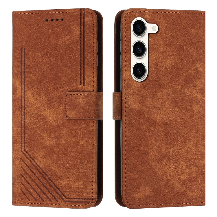 For Samsung Galaxy S23 5G Skin Feel Stripe Pattern Leather Phone Case with Lanyard