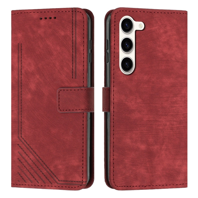 For Samsung Galaxy S23 5G Skin Feel Stripe Pattern Leather Phone Case with Lanyard