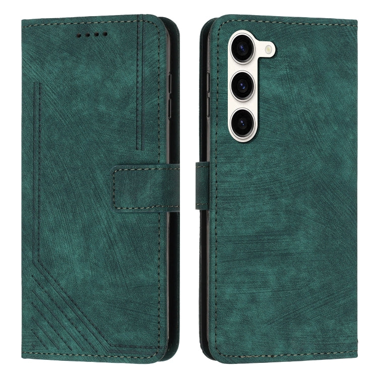 For Samsung Galaxy S23 5G Skin Feel Stripe Pattern Leather Phone Case with Lanyard