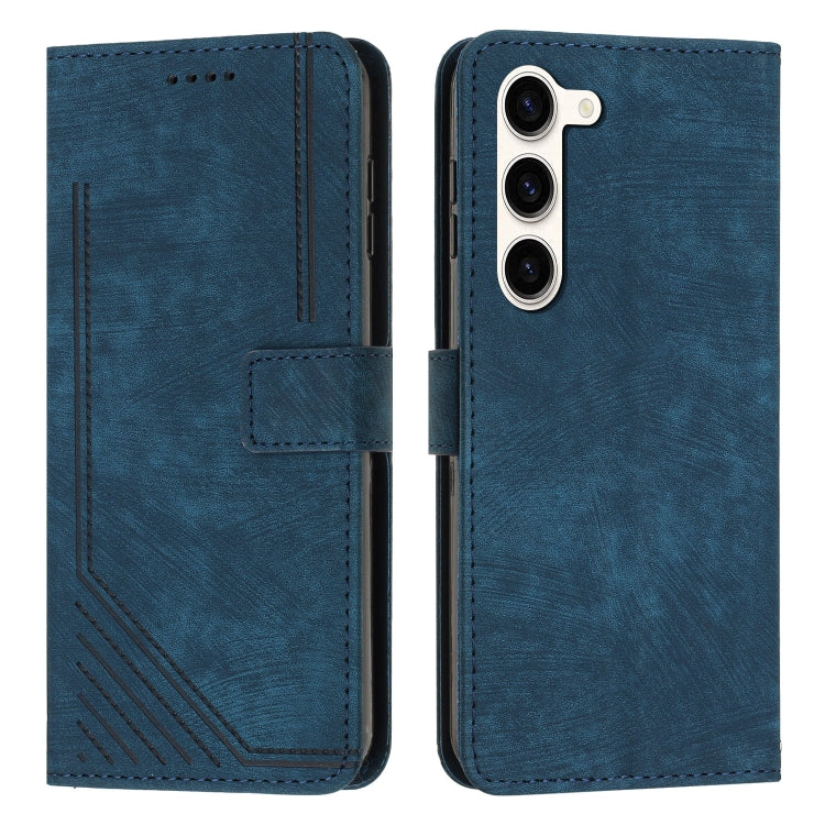 For Samsung Galaxy S23 5G Skin Feel Stripe Pattern Leather Phone Case with Lanyard