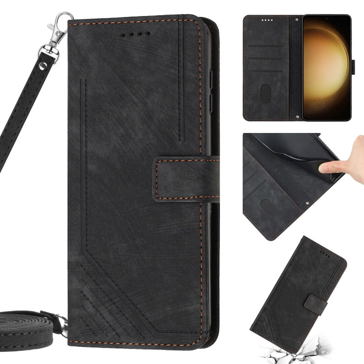 For Samsung Galaxy S23 5G Skin Feel Stripe Pattern Leather Phone Case with Lanyard