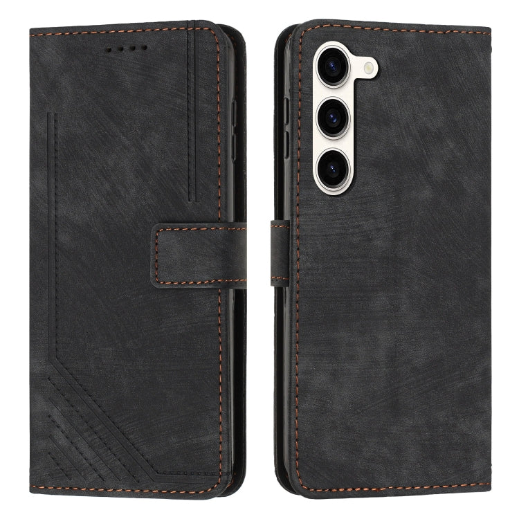 For Samsung Galaxy S23 5G Skin Feel Stripe Pattern Leather Phone Case with Lanyard