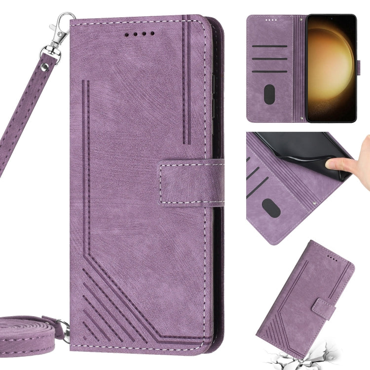For Samsung Galaxy S23 5G Skin Feel Stripe Pattern Leather Phone Case with Lanyard
