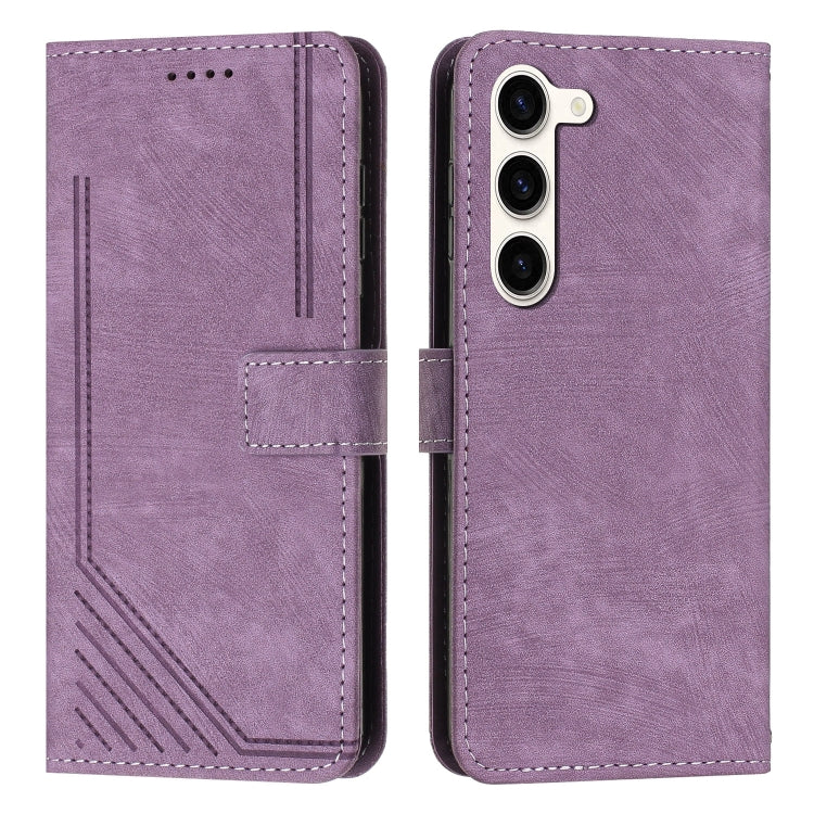 For Samsung Galaxy S23 5G Skin Feel Stripe Pattern Leather Phone Case with Lanyard