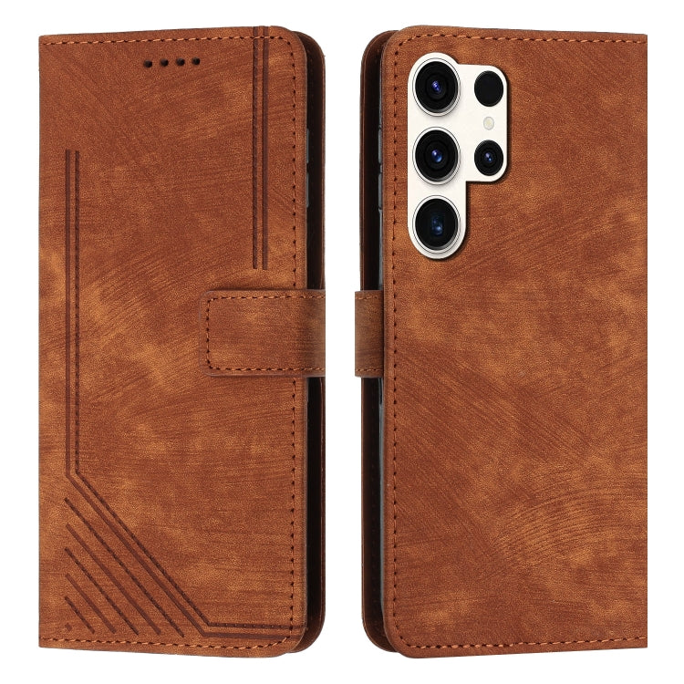 For Samsung Galaxy S23 Ultra 5G Skin Feel Stripe Pattern Leather Phone Case with Lanyard