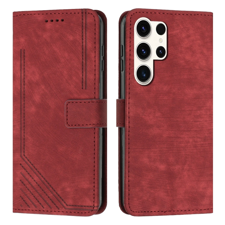 For Samsung Galaxy S23 Ultra 5G Skin Feel Stripe Pattern Leather Phone Case with Lanyard