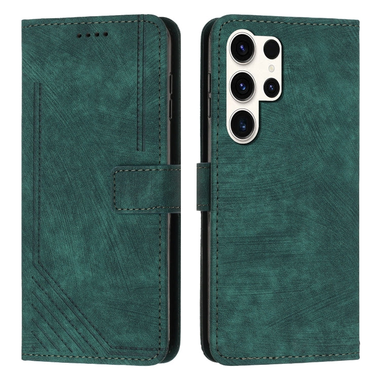 For Samsung Galaxy S23 Ultra 5G Skin Feel Stripe Pattern Leather Phone Case with Lanyard