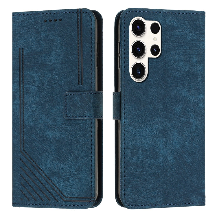 For Samsung Galaxy S23 Ultra 5G Skin Feel Stripe Pattern Leather Phone Case with Lanyard