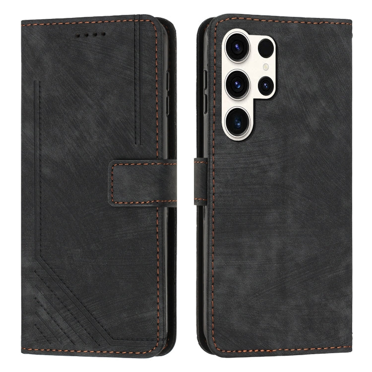 For Samsung Galaxy S23 Ultra 5G Skin Feel Stripe Pattern Leather Phone Case with Lanyard