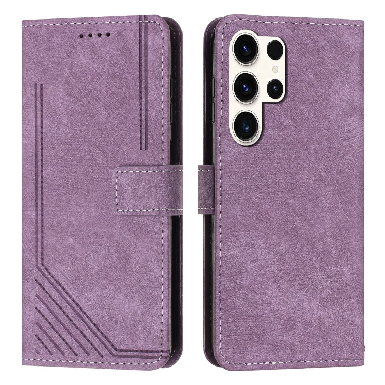 For Samsung Galaxy S23 Ultra 5G Skin Feel Stripe Pattern Leather Phone Case with Lanyard