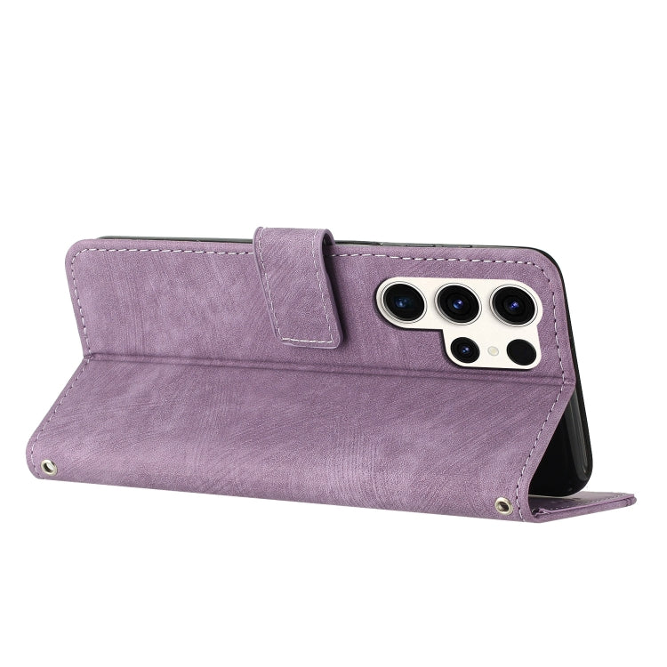 For Samsung Galaxy S23 Ultra 5G Skin Feel Stripe Pattern Leather Phone Case with Lanyard