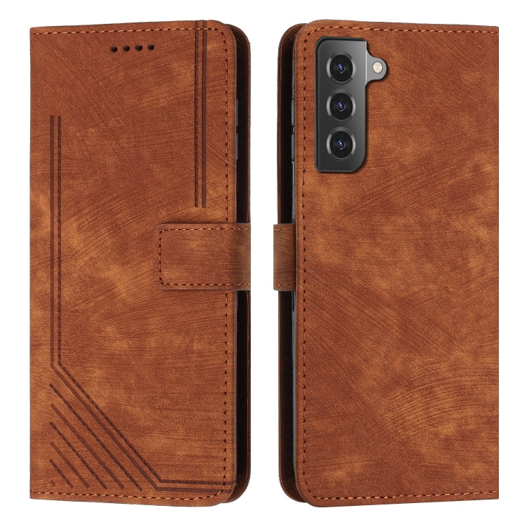 For Samsung Galaxy S22 5G Skin Feel Stripe Pattern Leather Phone Case with Lanyard