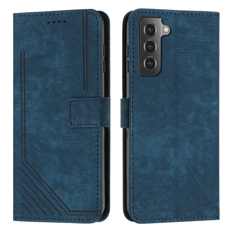 For Samsung Galaxy S22 5G Skin Feel Stripe Pattern Leather Phone Case with Lanyard