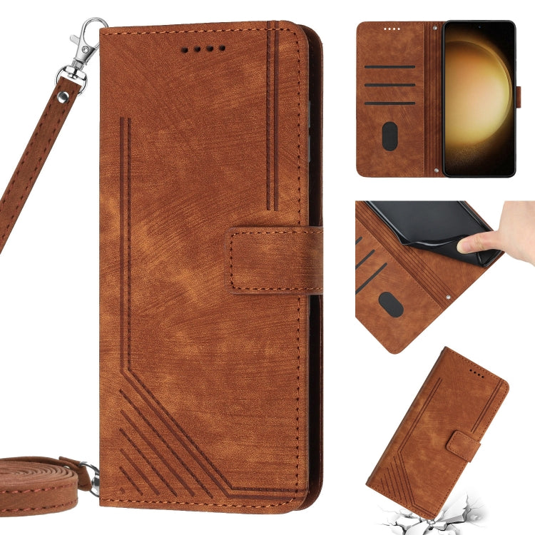 For Samsung Galaxy S22+ 5G Skin Feel Stripe Pattern Leather Phone Case with Lanyard