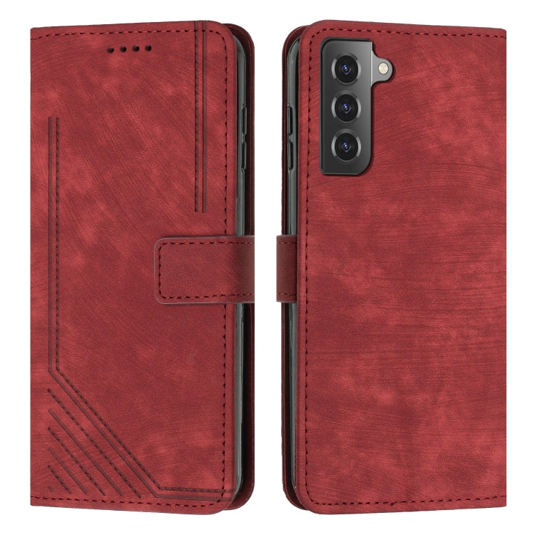 For Samsung Galaxy S21 5G Skin Feel Stripe Pattern Leather Phone Case with Lanyard