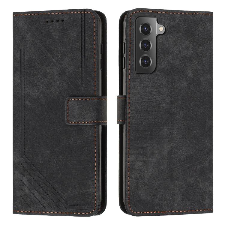 For Samsung Galaxy S21 5G Skin Feel Stripe Pattern Leather Phone Case with Lanyard
