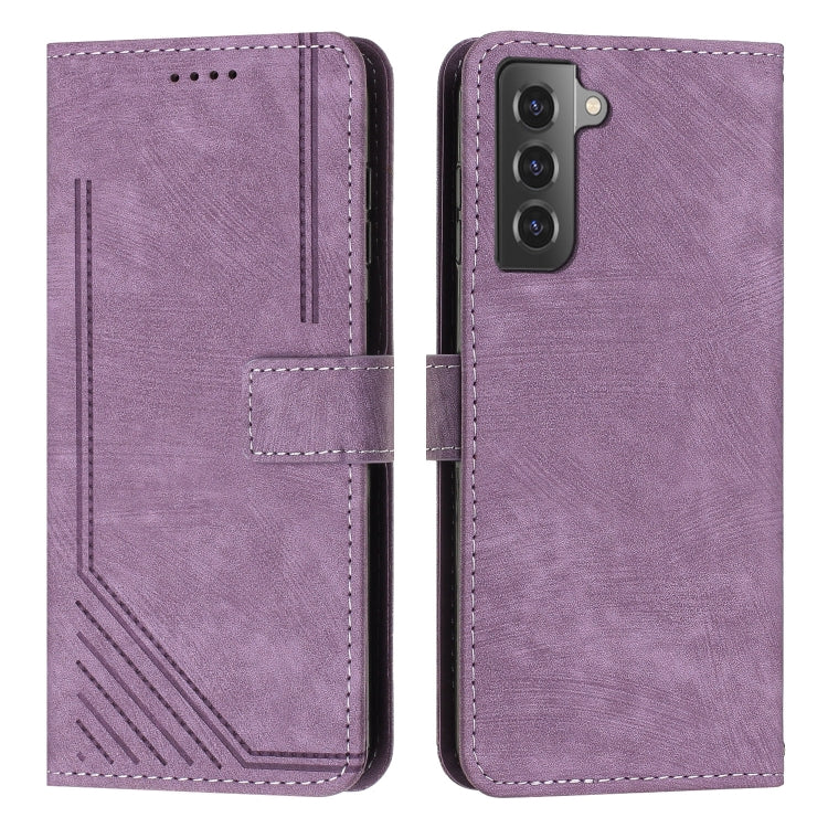For Samsung Galaxy S21 5G Skin Feel Stripe Pattern Leather Phone Case with Lanyard