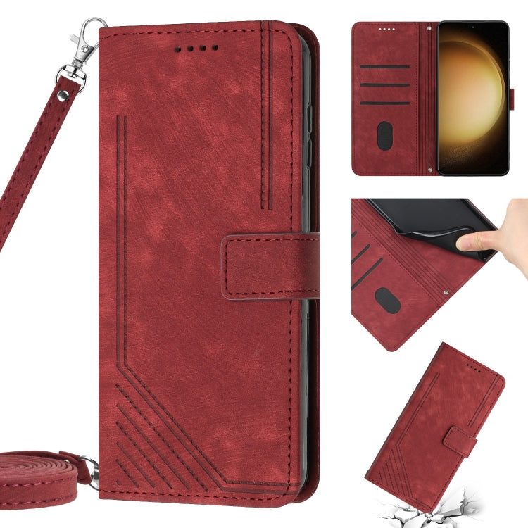For Samsung Galaxy S21+ 5G Skin Feel Stripe Pattern Leather Phone Case with Lanyard