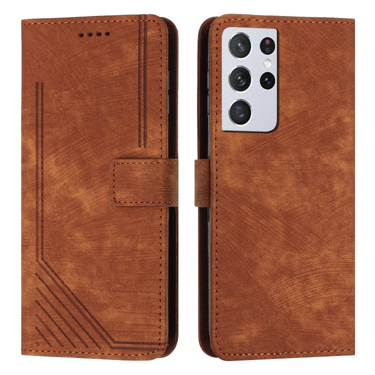 For Samsung Galaxy S21 Ultra 5G Skin Feel Stripe Pattern Leather Phone Case with Lanyard