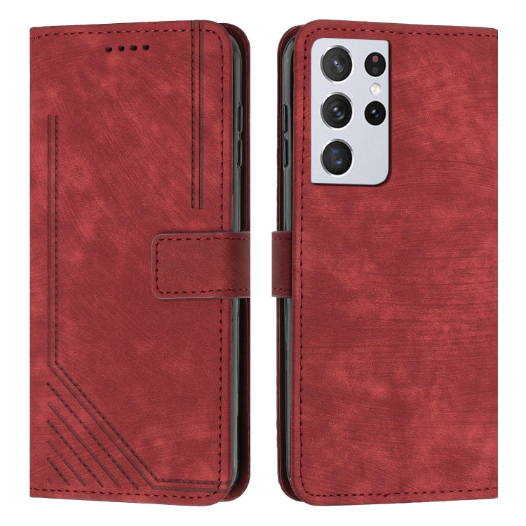 For Samsung Galaxy S21 Ultra 5G Skin Feel Stripe Pattern Leather Phone Case with Lanyard