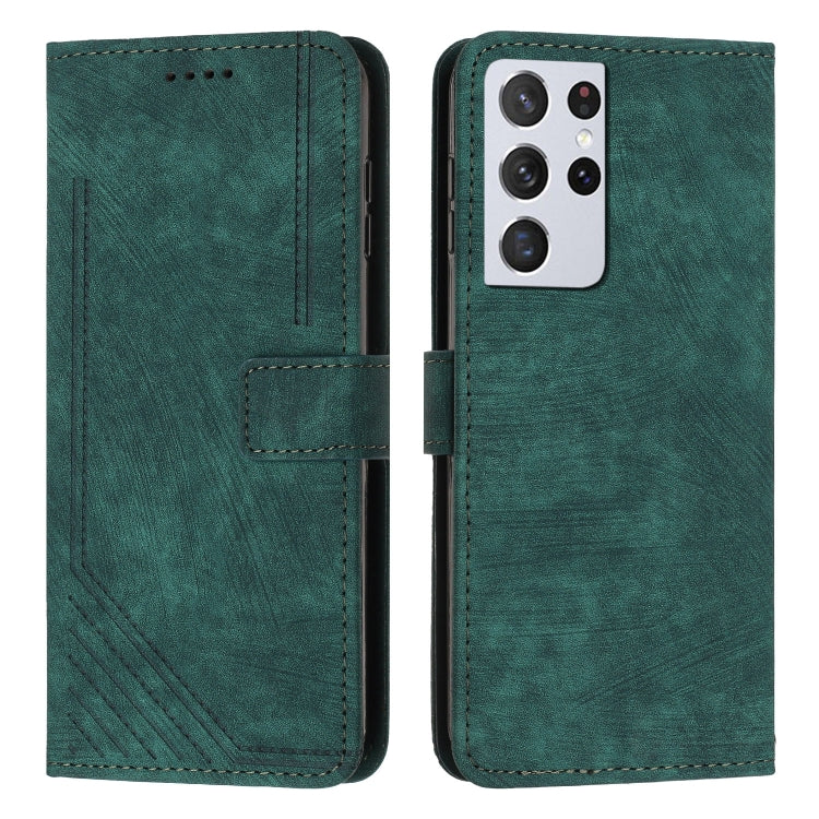 For Samsung Galaxy S21 Ultra 5G Skin Feel Stripe Pattern Leather Phone Case with Lanyard